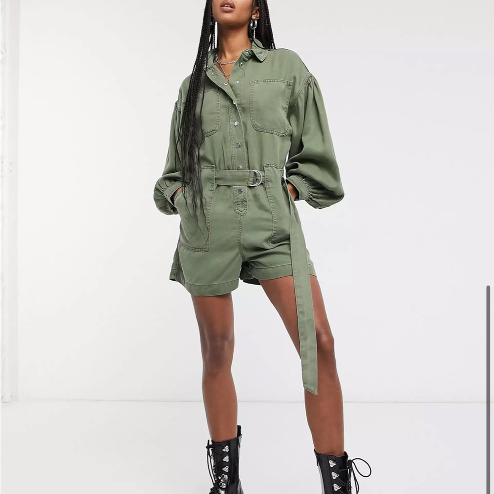 AllSaints jess long sleeve utility playsuit in khaki green
